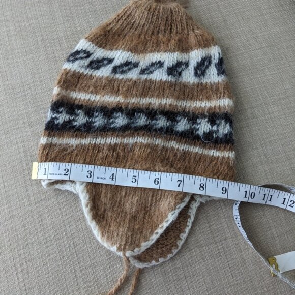 Bolivia Peru Aztec BOHO Alpaca Wool chullo hat Camel brown c1 - Picture 4 of 5